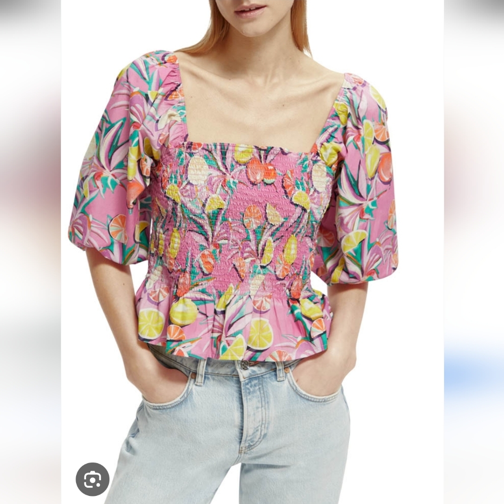 Scotch & Soda Ruched Puff Sleeve Pink Floral Top